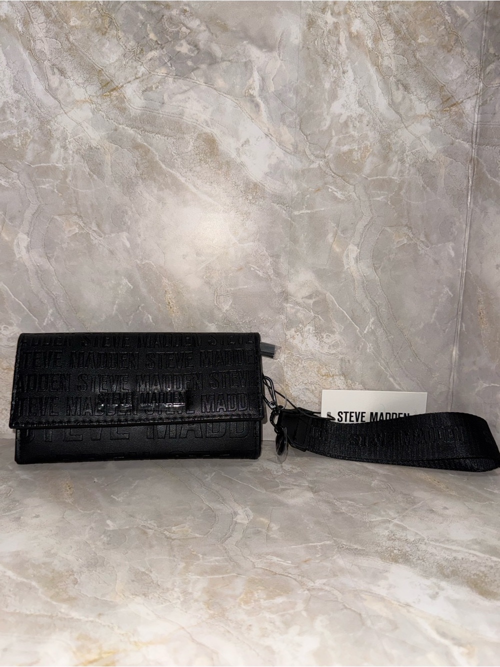 Steve Madden Black Logo-Embossed Wristlet Clutch with Strap